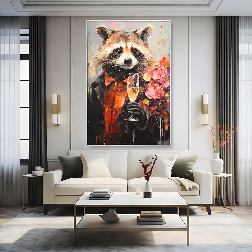 Tablou canvas cu tablou canvas cu raton elegant tinand pahar de sampanie, in rama de aluminiu argintiu, pe perete intr-un living